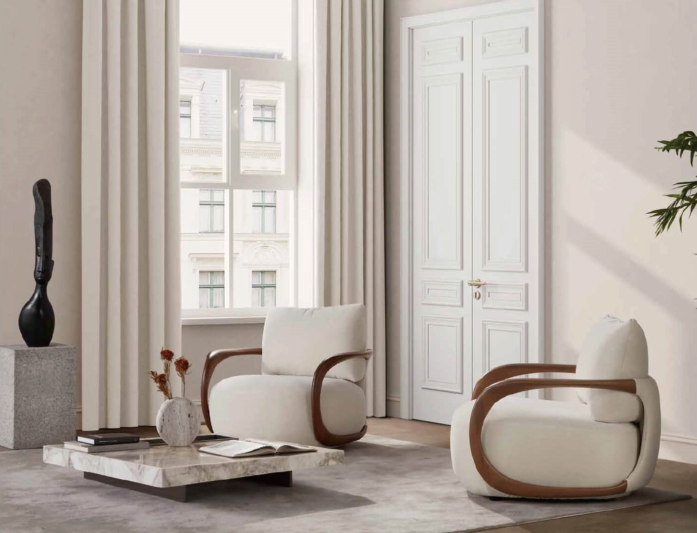 ARMCHAIR B207-010 CREAM NOGAL WOOD